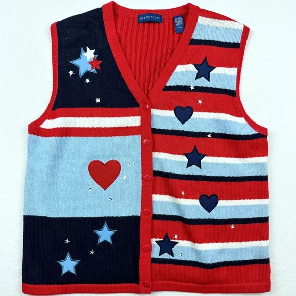 Karen‎ Scott Americana Knit Sweater Vest Size M Red White Blue Stars & Stripes - Picture 1 of 8